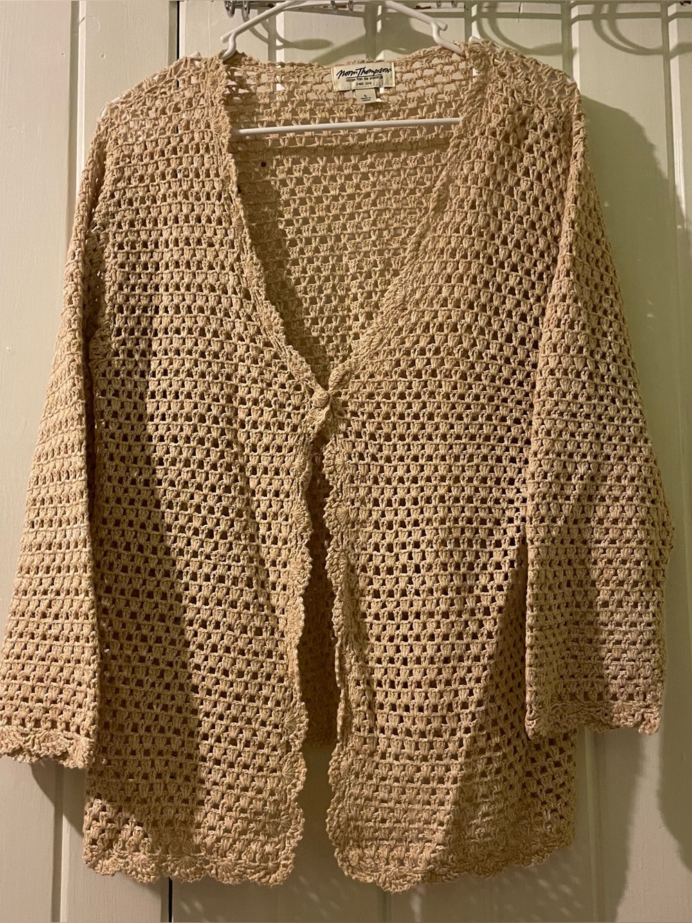 Norm Thompson beige crocheted cardigan-large EUC